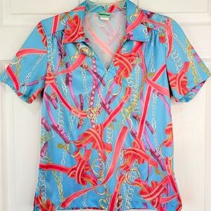 Vintage 70s Sara Morgan Disco Polyester Horse Bit Short Sleeve Top Small